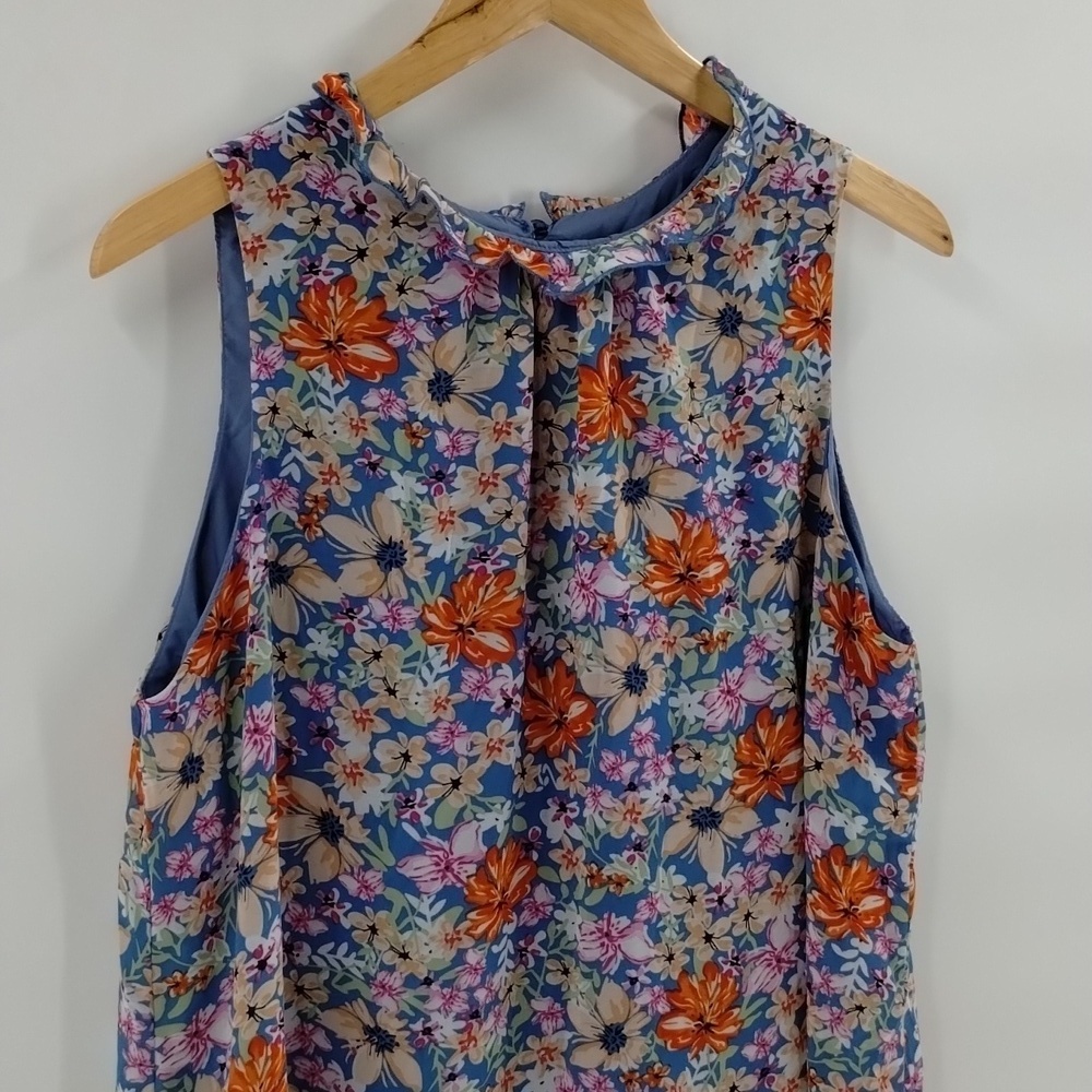 Colorful floral blouse top size XL sleeveless unbranded boutique ruffle neck - Picture 2 of 5